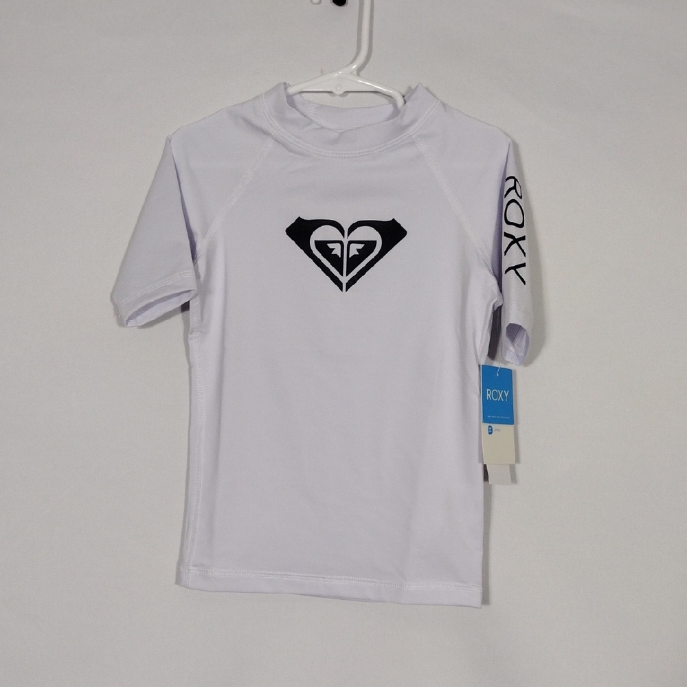 NWT Roxy Girls White and Black Rashguard Whole Hearted Short Sleeve Sleeve Sz 5